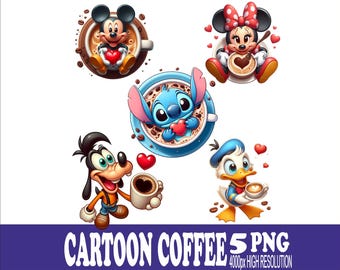 Diseño PNG de Mickey, Minnie, Goofy, Stitch y Donald Coffee: Diseño de sublimación de acuarela (5 archivos)