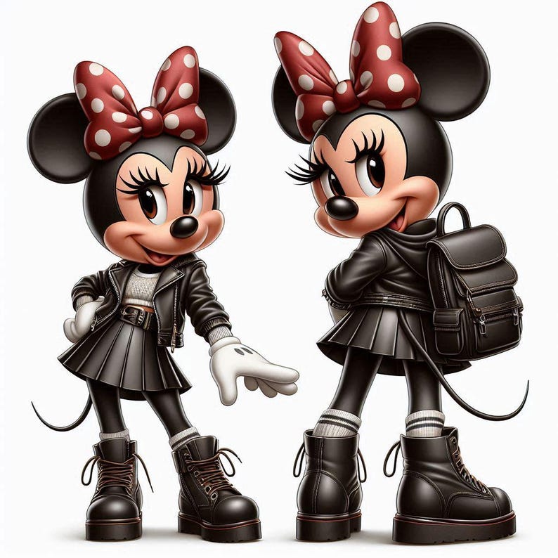 Peut inclure: Deux personnages de dessin anim&eacute;, avec des oreilles noires et des n&oelig;uds rouges &agrave; pois, sont repr&eacute;sent&eacute;s dans une tenue &eacute;l&eacute;gante. Ils portent des vestes en cuir noires, des jupes pliss&eacute;es et des bottes de combat. L'un des personnages porte un sac &agrave; dos noir. Le fond est blanc.