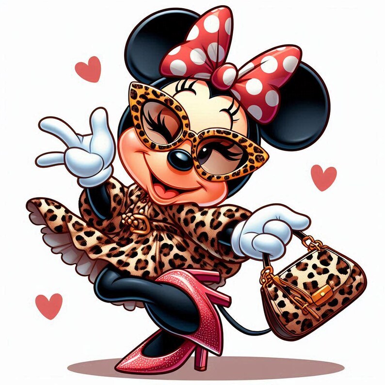 May include: Cartoon illustration of Minnie Mouse in a leopard print outfit, sunglasses, and red polka dot bow. She is wearing red high heels and carrying a matching purse. The image includes red hearts.