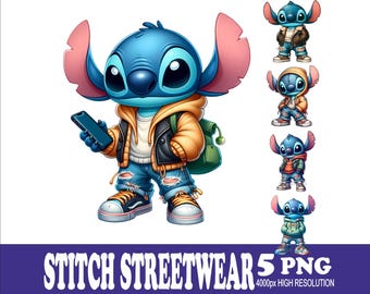 Stitch Streetwear Design PNG Set: Watercolor Sublimation Graphics (5 Files)