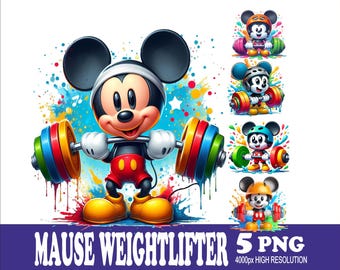 Mouse Weightlifter PNG: Watercolor Sublimation Design (5 Files)