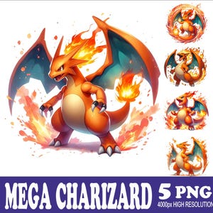 5 png Mega Charizard-ontwerp aquarel T-shirt mok Tumpler sublimatie png-ontwerp hoge resolutie png