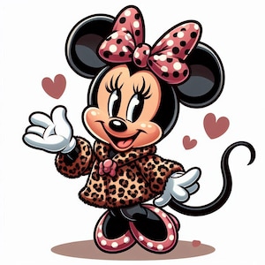 May include: Cartoon illustration of a mouse character with large black ears and a pink bow with white polka dots. The mouse wears a leopard print coat and has white gloves. Pink hearts float in the background. The mouse is smiling and waving.