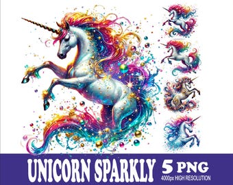 Sparkly Unicorn Design Watercolor PNG Designs - Sublimation Graphics (5 Files)