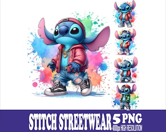 Stitch Streetwear Design PNG Set: Watercolor Sublimation Graphics (5 Files)