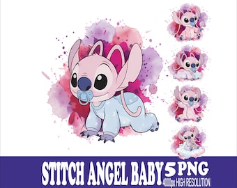 May include: A collection of baby Stitch and Angel PNG images. The main image features a pink Stitch character wearing a blue onesie and pacifier, set against a watercolor splash background. Additional images show Stitch and Angel in various poses. The text "STITCH ANGEL BABY 5 PNG" is at the bottom.