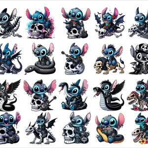 Op de afbeelding: Een verzameling van 20 digitale illustraties met een blauw cartoonfiguur met grote oren, die lijkt op Stitch uit de Disney-film Lilo & Stitch. Elke illustratie toont het personage in een andere pose en setting, vaak met een schedel, slang of draak. De illustraties zijn in een donkere, gotische stijl.