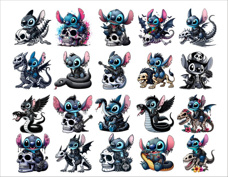 Op de afbeelding: Een verzameling van 20 digitale illustraties met een blauw cartoonfiguur met grote oren, die lijkt op Stitch uit de Disney-film Lilo & Stitch. Elke illustratie toont het personage in een andere pose en setting, vaak met een schedel, slang of draak. De illustraties zijn in een donkere, gotische stijl.