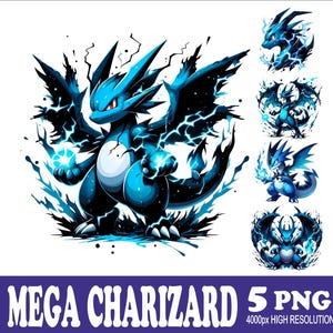 May include: A digital illustration of a blue and black Mega Charizard with electric sparks. The image is a set of 5 PNG files, each featuring a different pose of the Pokemon.