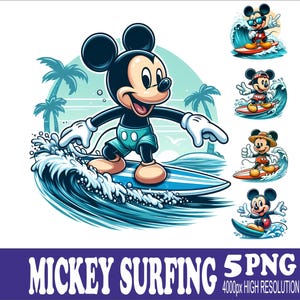 May include: Mickey Mouse surfing on a blue surfboard, with a turquoise wave and palm trees in the background. The image includes several other illustrations of Mickey Mouse surfing. Text at the bottom reads "MICKEY SURFING 5 PNG 4000px HIGH RESOLUTION."