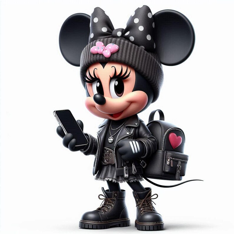 Peut inclure: Minnie Mouse, personnage de dessin anim&eacute;, est repr&eacute;sent&eacute;e dans une tenue branch&eacute;e et audacieuse. Elle porte une veste, une jupe et des bottes en cuir noir, avec un sac &agrave; dos orn&eacute; d'un c&oelig;ur. Un bonnet avec un n&oelig;ud &agrave; pois et un n&oelig;ud rose ornent sa t&ecirc;te. Elle tient un smartphone.