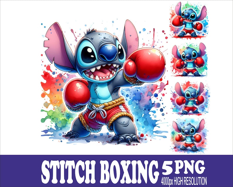 Stitch Boxing Design PNG Set: Watercolor Sublimation Graphics (5 Files ...