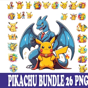 May include: A digital collection of 26 Pikachu character illustrations featuring various poses, including a central image of a blue dragon-like creature in a suit standing behind a Pikachu wearing a red cape. The text PIKACHU BUNDLE 26 PNG is displayed.
