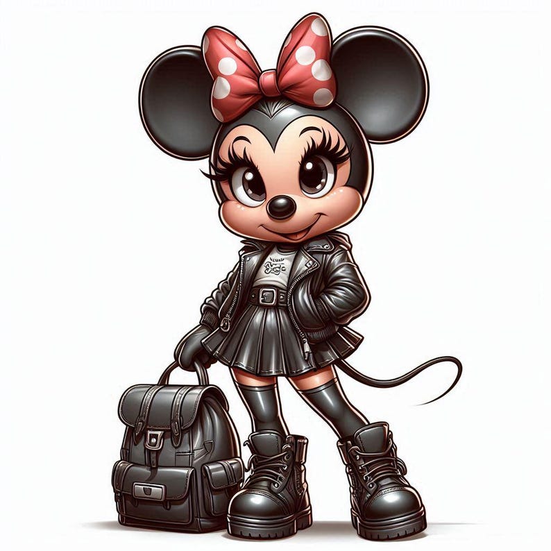 Peut inclure: Minnie Mouse, personnage de dessin anim&eacute;, v&ecirc;tue d'une veste, d'une jupe, de bottes et d'un sac &agrave; dos en cuir noir. Elle porte un n&oelig;ud rouge &agrave; pois blancs. Le personnage est sur fond blanc.