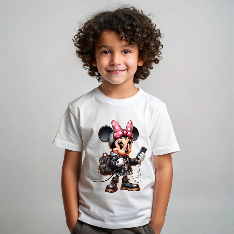 Peut inclure: T-shirt blanc avec un dessin anim&eacute; de Minnie Mouse portant une veste en cuir noire et tenant un smartphone. Le design comprend un n&oelig;ud rose et un sac &agrave; dos. Le t-shirt est port&eacute; par un enfant.