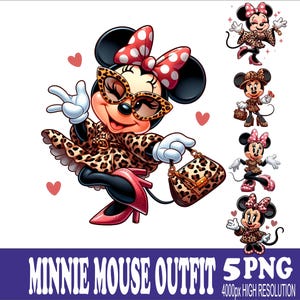 May include: A cartoon illustration of Minnie Mouse in a leopard print outfit, sunglasses, and a matching handbag. The image includes several smaller versions of Minnie Mouse in similar outfits, along with the text "MINNIE MOUSE OUTFIT 5 PNG 4000px HIGH RESOLUTION."