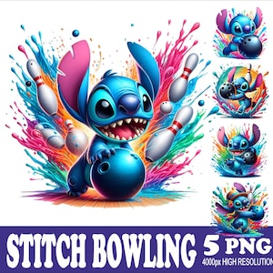May include: Stitch, a blue alien character from Disney's Lilo & Stitch, is shown bowling with a colorful background of paint splatters. There are five images in total, each featuring Stitch in a different bowling pose.