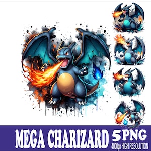 May include: A digital illustration of Mega Charizard, a blue and orange dragon-like creature, breathing fire. The image includes a watercolor effect with splashes of colour and the text "MEGA CHARIZARD 5 PNG 4000px HIGH RESOLUTION".