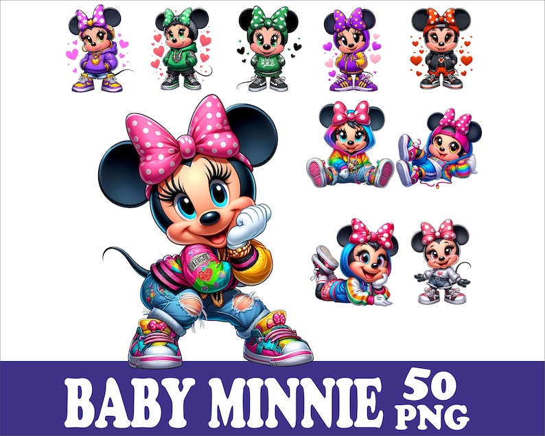 May include: A collection of colorful Baby Minnie Mouse PNG images. The central figure is Minnie Mouse in a pink bow, distressed jeans, and sneakers. Other images show Minnie in various outfits, including hoodies and sneakers. The text "BABY MINNIE 50 PNG" is at the bottom.