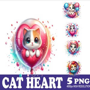 5 PNG Cat Heart Design WaterColor Tshirt Mug Tumpler Sublimation Png Design High Resolution Png