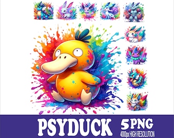 Psyduck And Friends Design Watercolor PNG: Sublimation Design (10 Files)