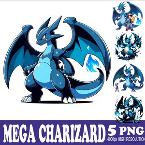 May include: A blue Mega Charizard X Pokemon character with a fiery tail and large wings. The character is in a fighting pose with its mouth open. There are five different images of the character in various poses.