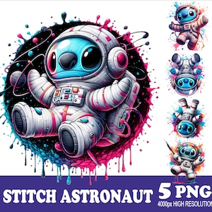 5 PNG Stitch Astronaut Design Acuarela Camiseta Taza Vaso Sublimación Diseño Png Alta Resolución Png