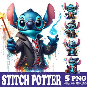 Könnte beinhalten: Stitch, eine blaue Alienfigur, ist als Zauberer mit einer schwarzen Robe, einer roten Krawatte und einem spitzen Hut gekleidet. Er hält einen Zauberstab in der Hand und ist von bunten Farbspritzern umgeben. Es gibt fünf verschiedene Bilder von Stitch in diesem Set.
