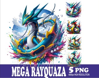 Diseño de Rayquaza en acuarela: Conjunto de archivos PNG para sublimación (5 archivos)
