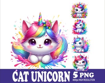 Watercolor Cat Unicorn PNG: Sublimation Design (5 Files)