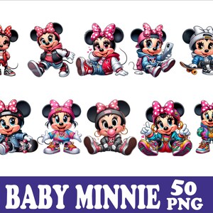 May include: A collection of ten illustrations of Baby Minnie Mouse in various poses and outfits. Each Minnie Mouse character is wearing different clothing, including jackets, hats, and sneakers. The image includes the text "BABY MINNIE 50 PNG" at the bottom.