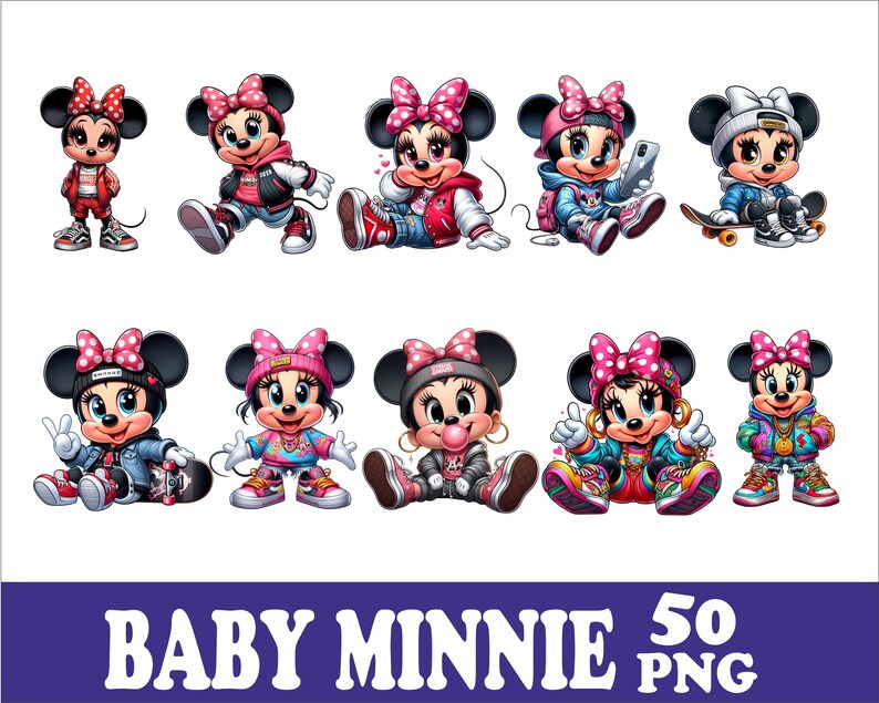 May include: A collection of ten illustrations of Baby Minnie Mouse in various poses and outfits. Each Minnie Mouse character is wearing different clothing, including jackets, hats, and sneakers. The image includes the text "BABY MINNIE 50 PNG" at the bottom.