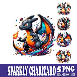Könnte beinhalten: Eine digitale Illustration eines schwarzen und orangefarbenen Drachen mit einer Flamme am Ende seines Schwanzes. Der Drache ist von farbenfrohen Spritzern und Blasen umgeben. Der Text "Sparkly Charizard 5 PNG 4000px High Resolution" steht unten.