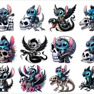 Op de afbeelding: Twaalf digitale illustraties van Stitch uit Lilo & Stitch, elk met een andere punkrock-esthetiek. Stitch wordt afgebeeld terwijl hij op een dinosaurus, een slang, een schedel en andere objecten rijdt. Elke illustratie is in een ander kleurenschema, waaronder zwart, wit, rood, blauw en groen.