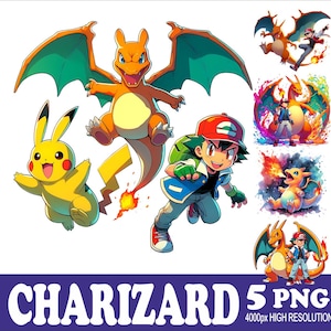 May include: A digital illustration featuring the characters Pikachu, Charizard, and a trainer from the Pokémon series. The image includes multiple smaller images of Charizard and the trainer. The text "CHARIZARD 5 PNG 4000px HIGH RESOLUTION" is at the bottom.