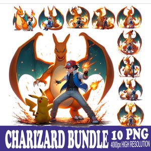 Könnte beinhalten: Ein digitales Kunstpaket mit Charizard und Pikachu mit einem Trainer. Das Bild enthält mehrere Illustrationen der Charaktere in verschiedenen Posen, mit Flammen und dynamischen Aktionslinien. Der Text "CHARIZARD BUNDLE" und "10 PNG 4000px HIGH RESOLUTION" wird angezeigt.