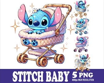 スティッチベビーデザイン水彩画PNGデザイン：昇華プリント用グラフィック（5 PNG）