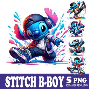 Stitch Break Dance Design PNG: Watercolor Sublimation Design (5 Files)