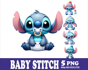 Baby Stitch aquarel png: sublimatie ontwerpset (5 png-bestanden)