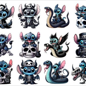Op de afbeelding: Een set van 10 kleurrijke cartoon stickers met een blauw alien-personage in verschillende rock-and-roll poses. Het personage draagt verschillende outfits en accessoires, waaronder een gitaar, een schedel en een slang. De stickers zijn perfect om elke oppervlakte een leuke en eigenzinnige touch te geven.