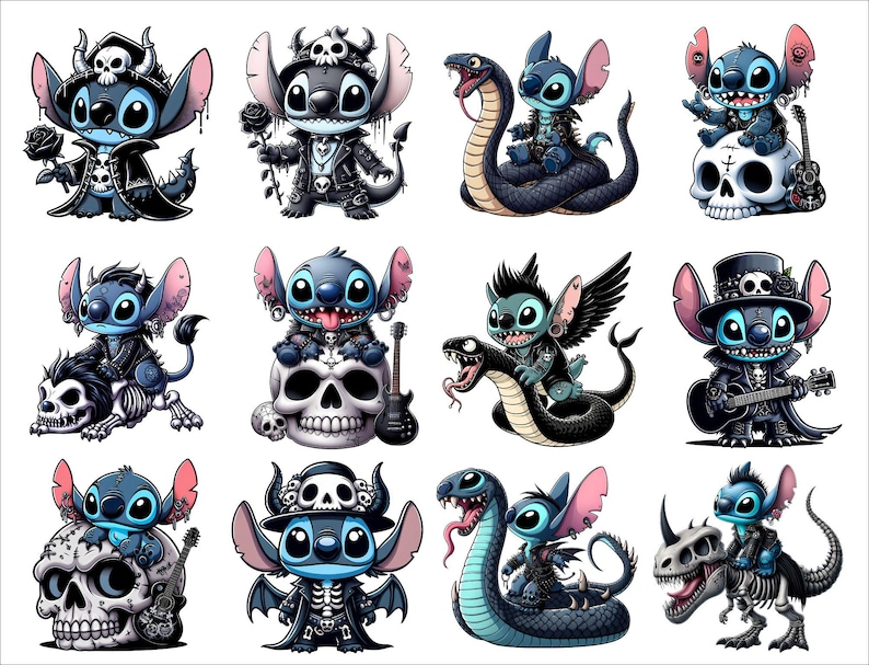 Op de afbeelding: Een set van 10 kleurrijke cartoon stickers met een blauw alien-personage in verschillende rock-and-roll poses. Het personage draagt verschillende outfits en accessoires, waaronder een gitaar, een schedel en een slang. De stickers zijn perfect om elke oppervlakte een leuke en eigenzinnige touch te geven.