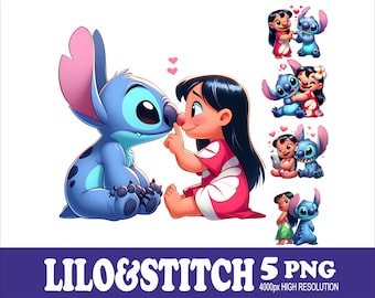 Lilo and Stitch Design Watercolor PNG Designs: Sublimation Art (5 PNG Files)