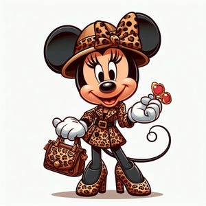 May include: Cartoon illustration of Minnie Mouse in a stylish outfit. She wears a leopard print coat, matching hat with a bow, and high heels. Minnie holds a purse and heart-shaped sunglasses, with white gloves and a black tail.