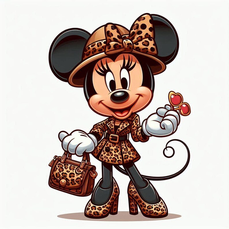 May include: Cartoon illustration of Minnie Mouse in a stylish outfit. She wears a leopard print coat, matching hat with a bow, and high heels. Minnie holds a purse and heart-shaped sunglasses, with white gloves and a black tail.