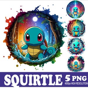 May include: A digital illustration featuring a teal Squirtle character in a forest setting with a full moon. The image includes multiple circular designs of the same character in different forest scenes. The text "SQUIRTLE 5 PNG 4000px HIGH RESOLUTION" is at the bottom.