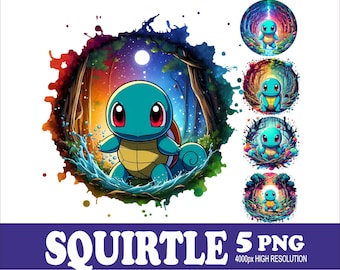 Squirtle Watercolor PNG: Sublimation Design (5 Files)