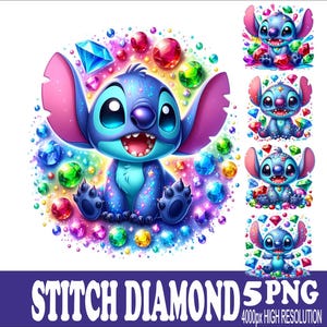 Może przedstawiać: Cyfrowa ilustracja Stitcha, niebieskiego kosmity, otoczonego kolorowymi klejnotami. Obraz zawiera tekst "STITCH DIAMOND 5 PNG" i "4000px HIGH RESOLUTION". Obecne są również mniejsze obrazy Stitcha.