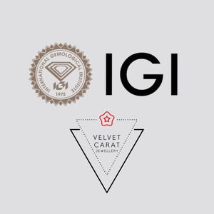 May include: A graphic featuring the International Gemological Institute seal in brown with the text IGI, alongside a black triangle logo containing the text Velvet Carat Jewellery and a small red star outline centered above the brand name.