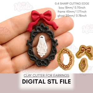 May include: A set of clay cutters for earrings, including a red bow, a black ornate frame, and a white ghost shape. Text indicates a 0.4 sharp cutting edge with dimensions: bow 18mm, frame 45mm, and ghost 20mm. Digital STL file.
