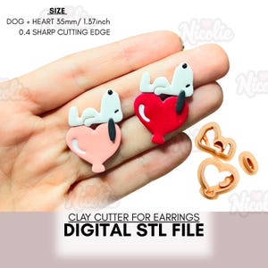 May include: Earring clay cutters featuring a dog and heart design. The cutters are 35mm/1.37 inches with a 0.4 sharp cutting edge. The image also includes the text "CLAY CUTTER FOR EARRINGS DIGITAL STL FILE".